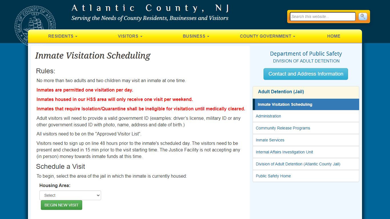 Inmate Visitation Scheduling - Public Safety - Atlantic County Government